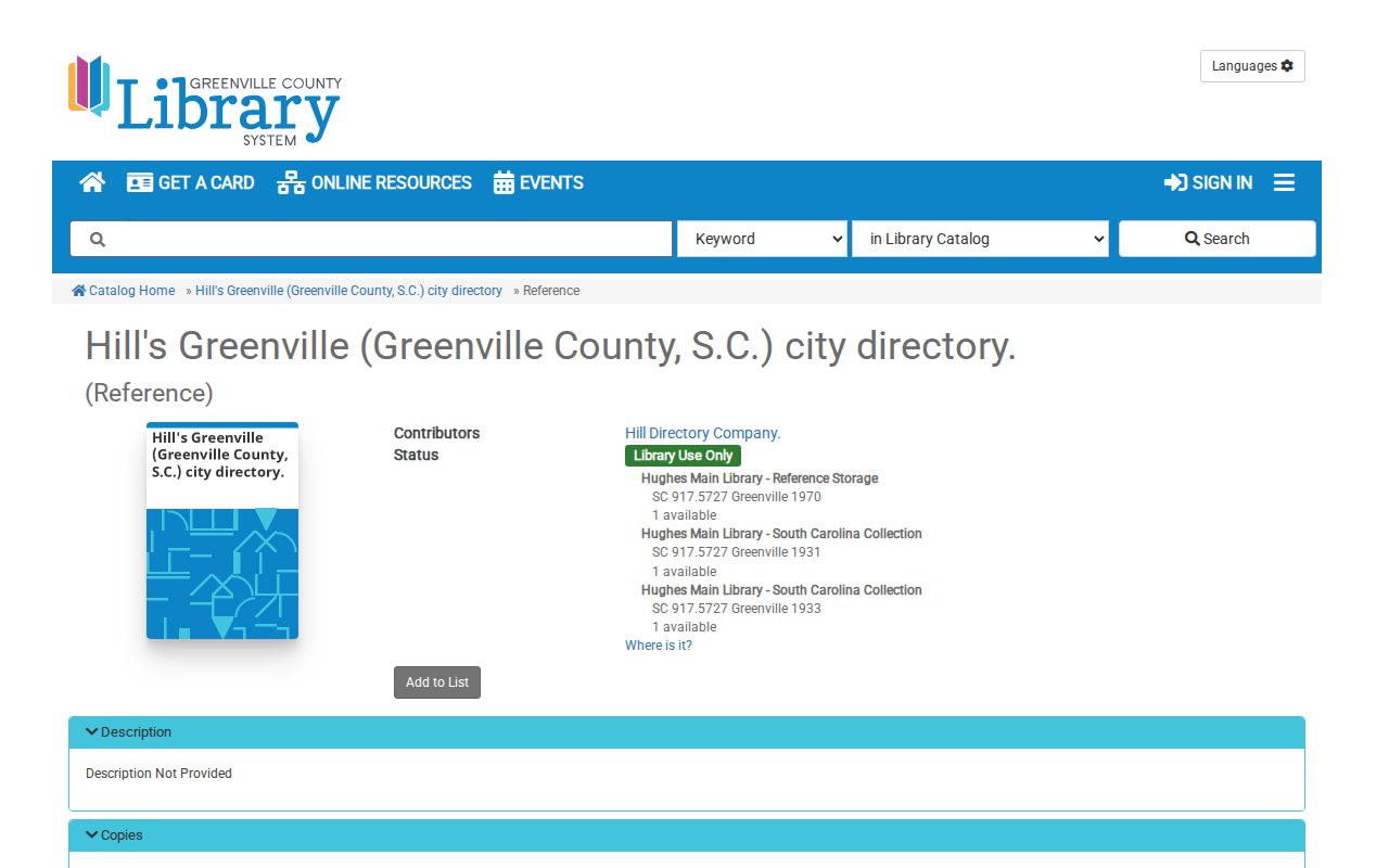 Simpsonville city directory Hill catalog record