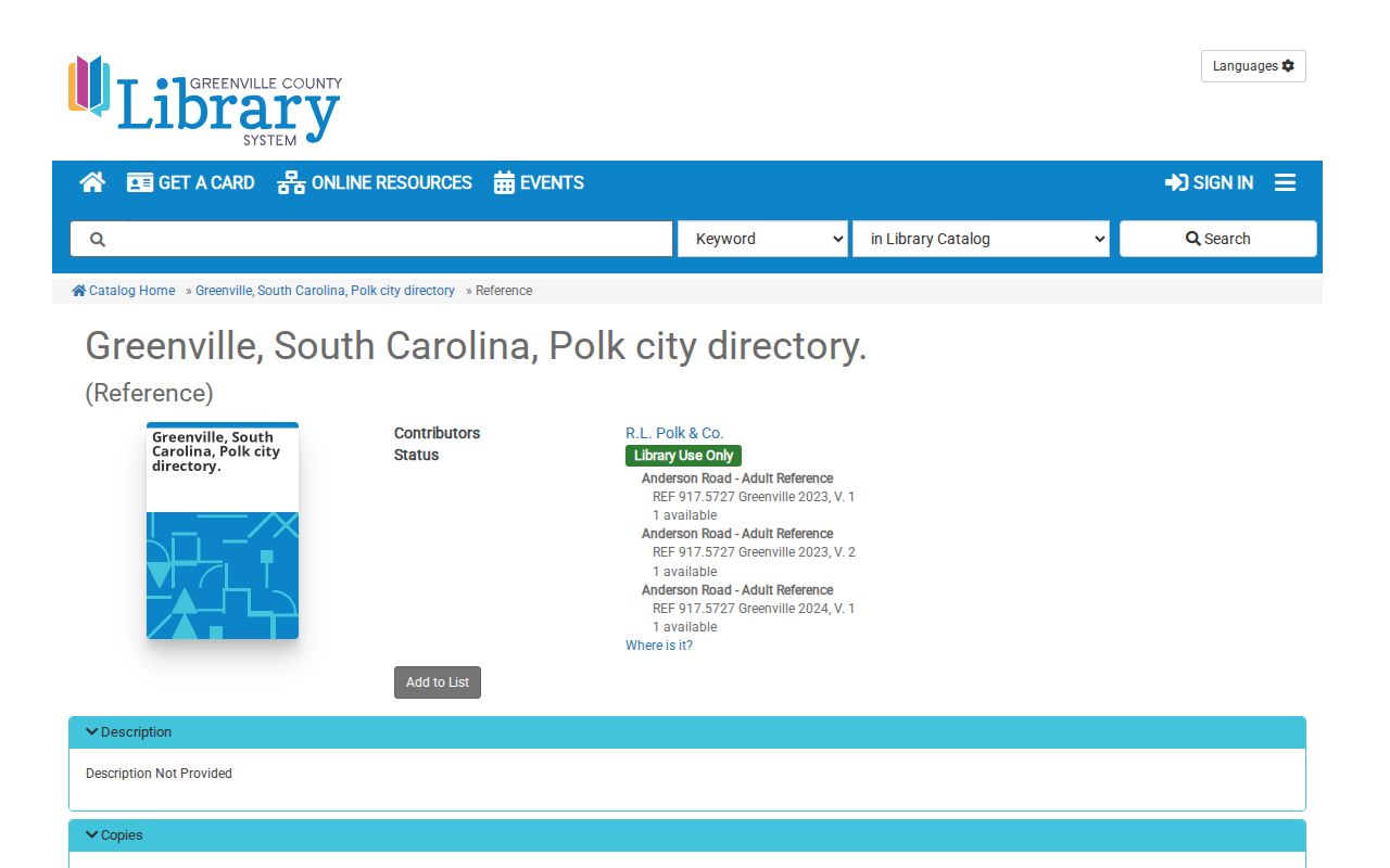Simpsonville city directory Polk holdings catalog