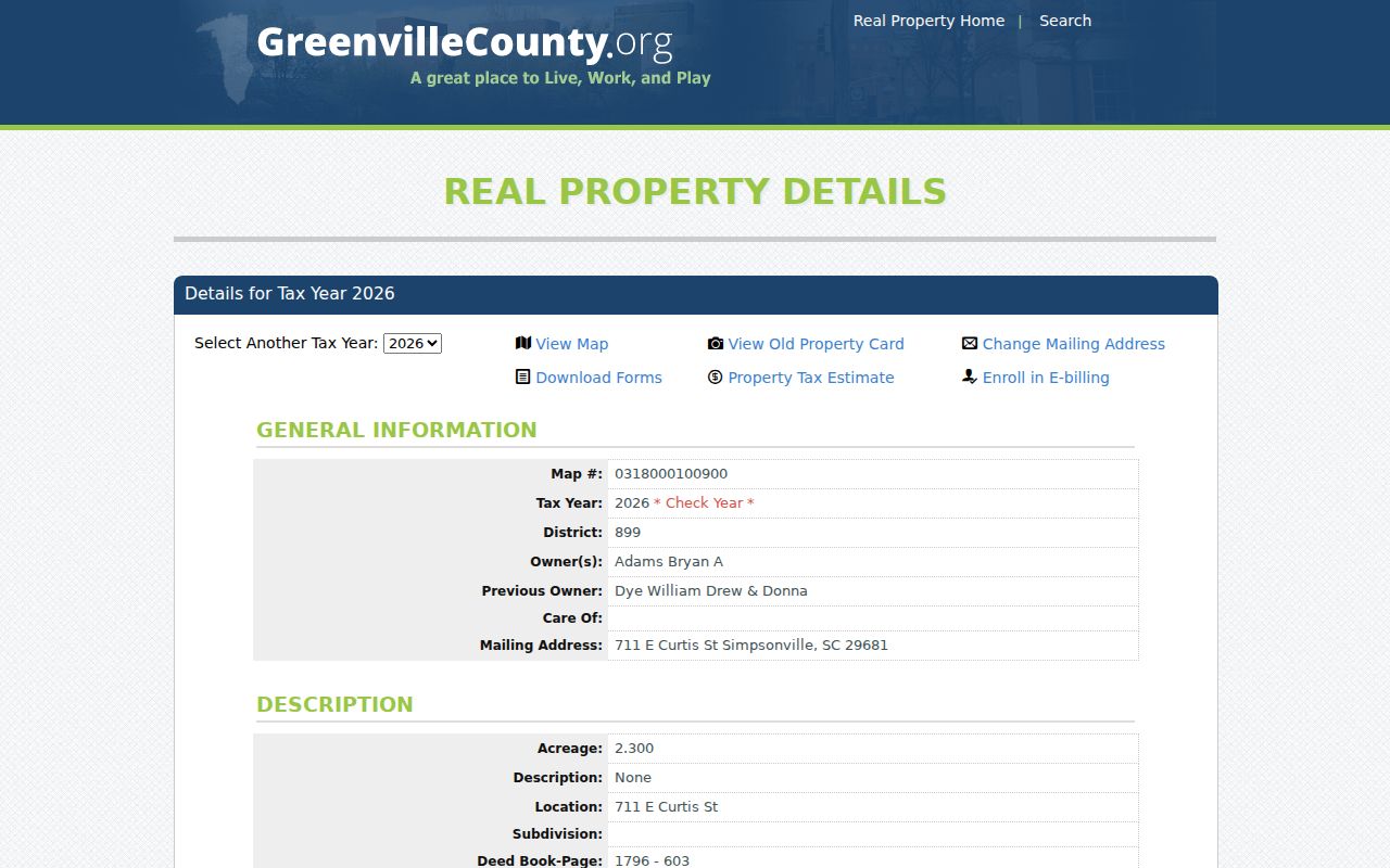 Simpsonville street directory sample Greenville County property card