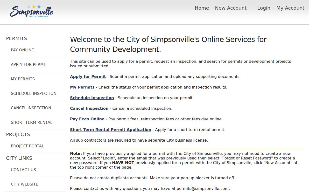 Simpsonville street directory permit and development portal